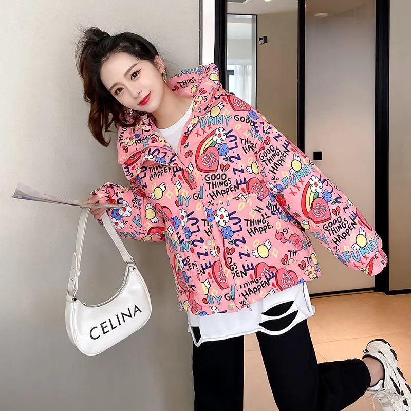 Winter Jacket Women Bread Clothes Japanese Graffiti Harajuku Girl Student Puffer Jacket for Women 2021 Winter Thick Bubble Coats