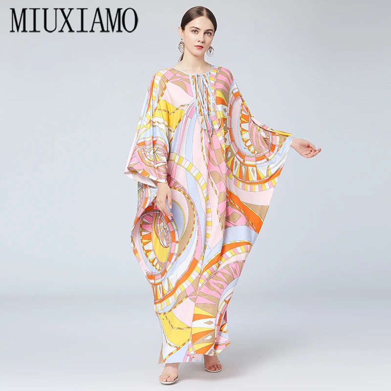 

MIUXIMAO 2023 Maxi Silk Dress Women Knit Elastic Bohemian Print Elegant Leaves Over Size New Autumn Kaftan Loose Dress Bow