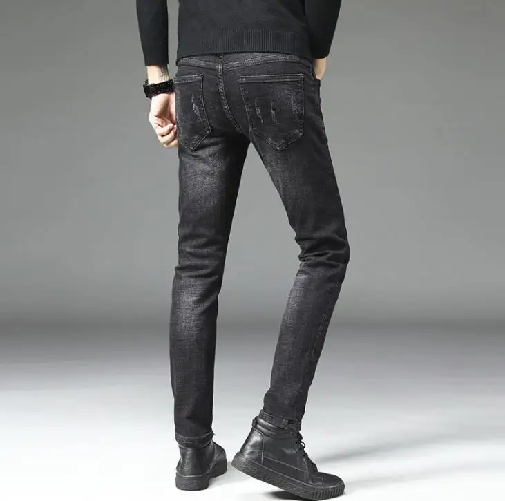 European Fashion 2020 Mens Skull Emboridered Skinny Stretch Long Slim Casual Jeans Black Ripped Hip Hop Pants #9125