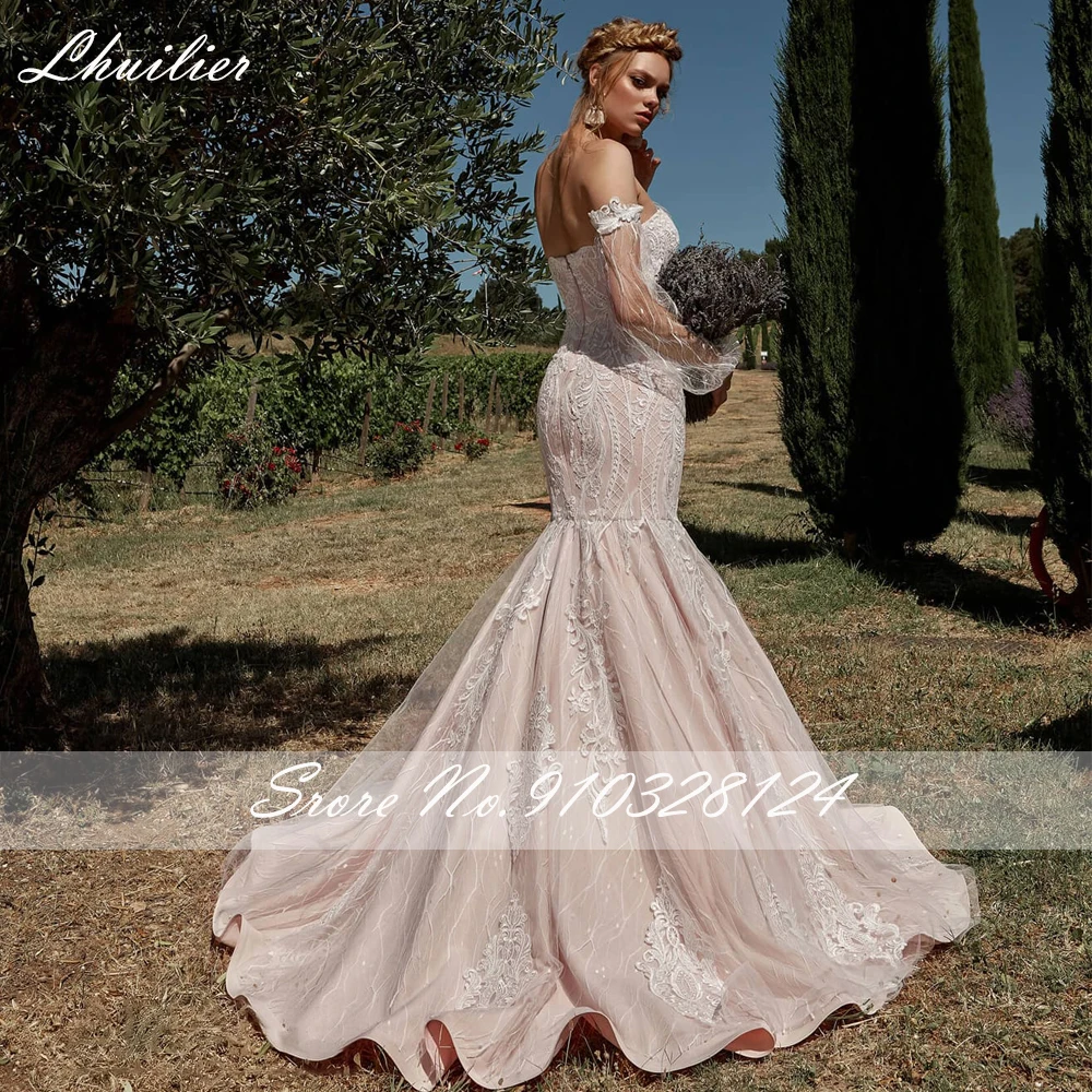 Lhuilier ที่กําหนดเองผู้หญิงที่ไม่มีสายหนังลูกไม้ชุดเดรสเมอร์เมดซิปด้านหลังความยาวชั้นชุดเจ้าสาวแขน