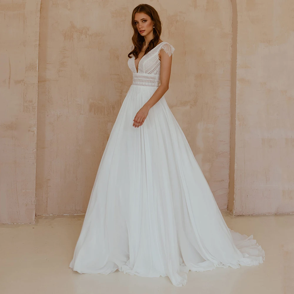 Customized Weilinsha Lace V Neck Wedding Dress 2023 Ladies Classic Sleeveless Cap Sleeve Court Train Chiffon Bridal Gowns Robe D