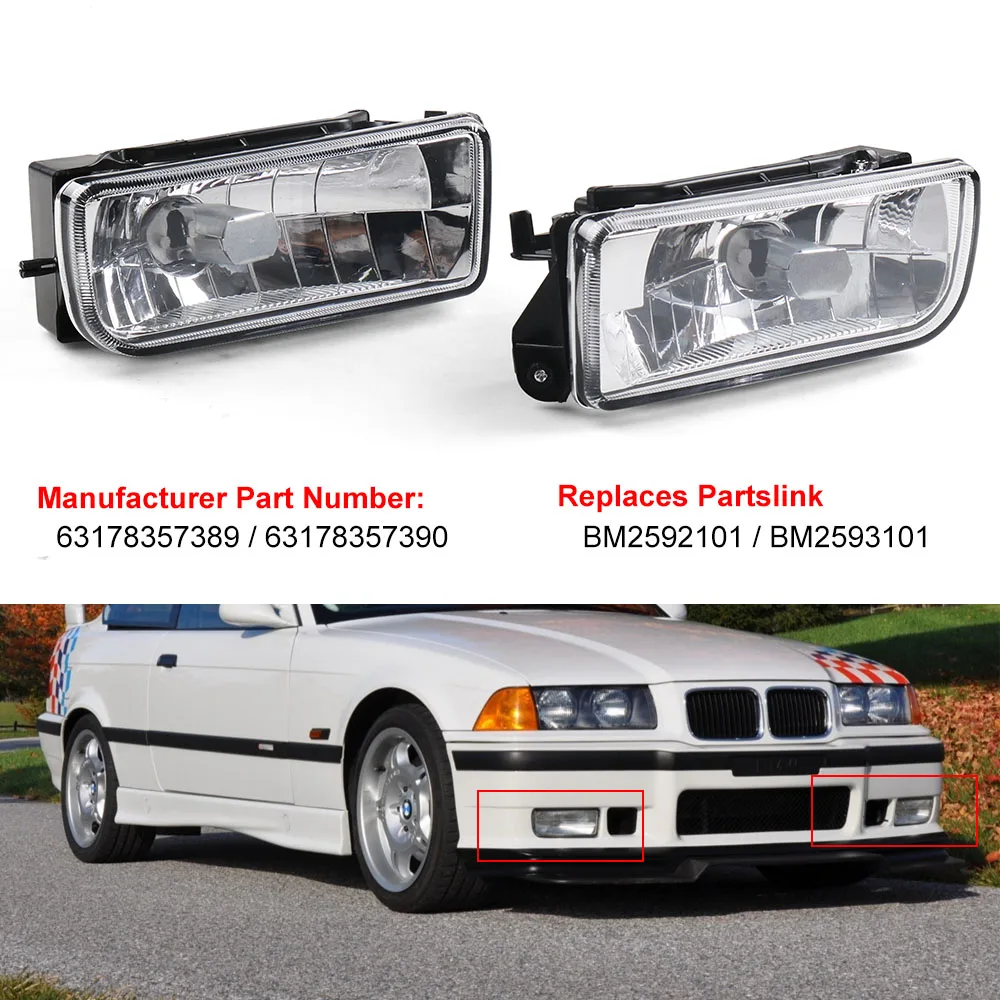 Fog Lights Lamps Front Crystal Clear Lens For BMW 92-98 E36 3 Series 2/4D Without Blubs Left +Right 63178357389 63178357390