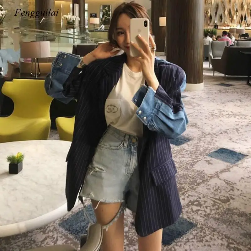 Dark Blue Long-Sleeved Denim Stitching Color Single-Breasted Blazer Femme Jacket Fashion 2021 Coat New