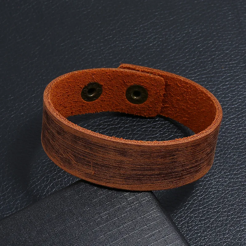 MKENDN Minimalism Punk Vintage Black Brown Genuine Wide Leather Bracelet for Men Women Adjustable Buckle Bracelet & Bangle Gifts image 4