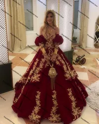 Kosovo Albanian Caftan evening dresses 2021 Burgundy Gold Lace applique sweetheart Off Shoulder Prom Dress Vestido De Novia