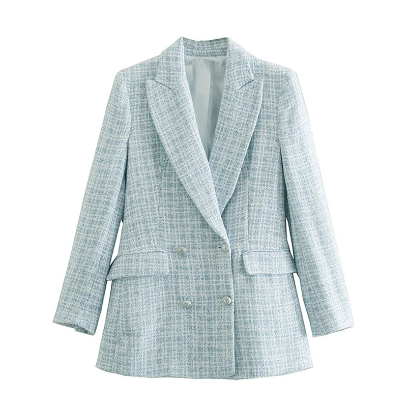 Za 2021 Women Suit Jacket Tweed Blazer Women Jacket Femme Plaszcz Wiosenny Damski Sobrecamisa Cuadros Plaid Checkered Blazer