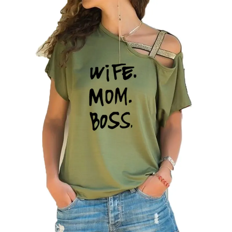 Fashion T-Shirt for Women Pocket WIFE MOM BOSS Letters Print Top Tshirt Women Irregular Skew Cross Bandage Tops Mother's Day