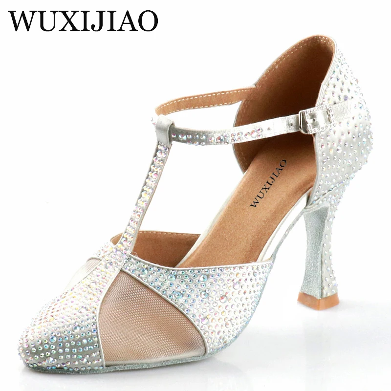 WUXIJIAO-zapatos de baile latino con diamantes de imitación, calzado de satén de seda plateada, zapatos de boda, diseño de diamantes de imitación