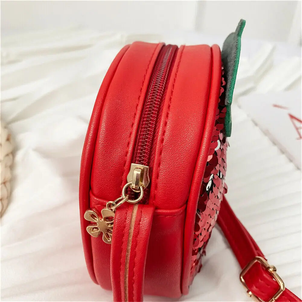 새로운 키즈 소녀 과일 핸드백 블링 숄더 백 딸기 파인애플 스팽글 PU 라운드 크로스 바디 지갑 지갑 베이비 액세서리