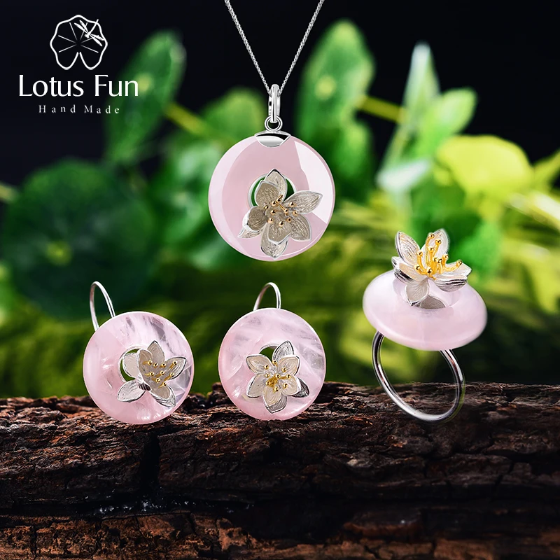 Lotus Fun Real 925 Sterling Silver Handmade Fine Jewelry Lotus Whispers Jewelry Set With Ring Pendant Necklace Drop Earring