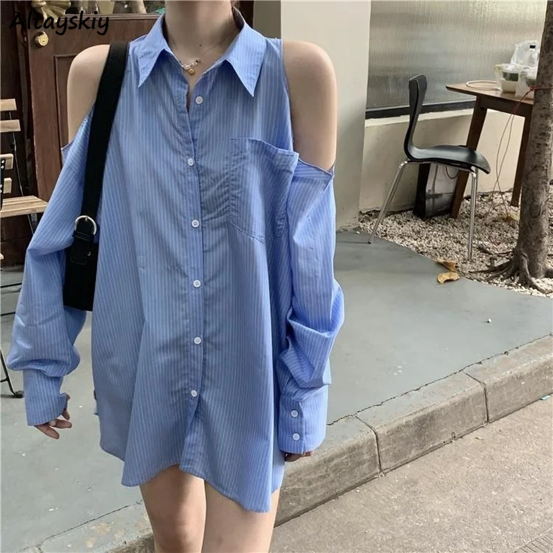 Women Shirts Long Sleeve Stripes Off-shoulder Fashionable Harajuku Streetwear Ulzzang All-match Teen Casual Loose Bf Style S-3XL