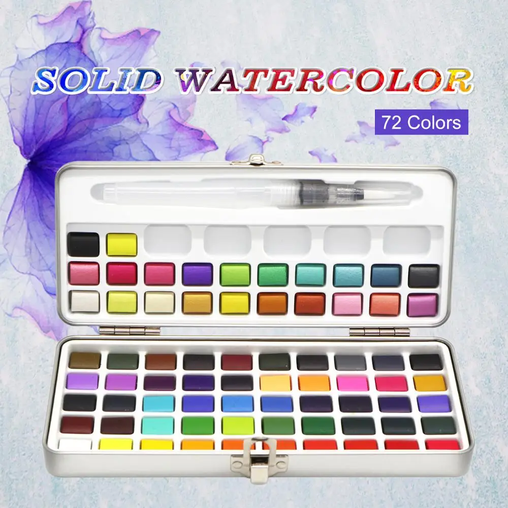 SeamiArt 50/72Color Solid Watercolor Paint Set Basis Color and Pearl Color Portable Metal Box Pigment for Drawing Art Supplie