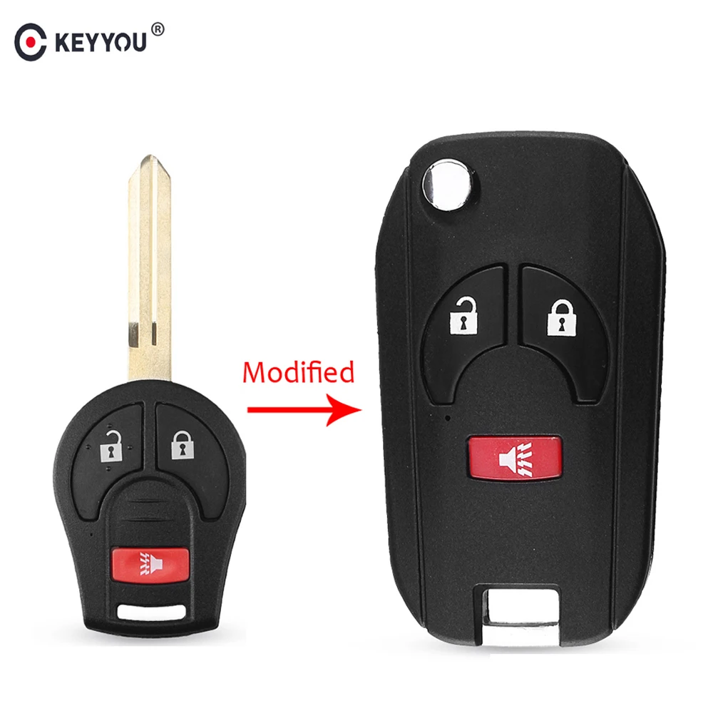 

KEYYOU Modified 2+1 Panic 3 Button Flip Folding Remote Key Shell Case For Nissan Sylphy Cube Micra Qashqai Altima Sentra Versa