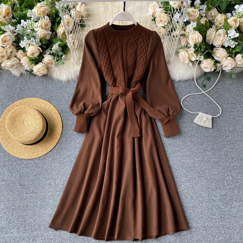 Elegant Solid Women Dress Fashion Korean Splice Knitted O Neck Puff Sleeve Dresses Autumn Streetwear A-line Dress 2020