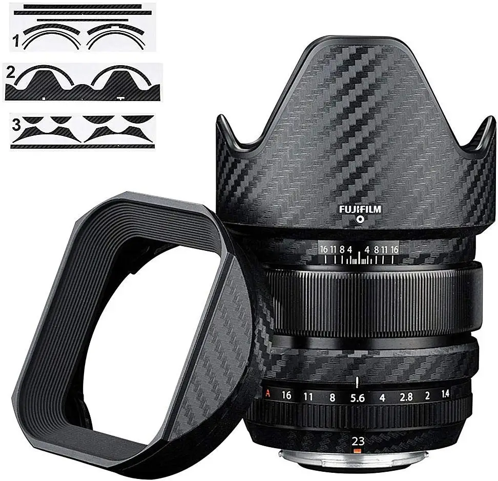 Anti-Scratch-und Objektiv Haube Abdeckung Haut Film für Fujifilm XF 23mm F 1,4 R Objektiv & LH-XF23 Objektiv Haube 3M Aufkleber Carbon Fiber