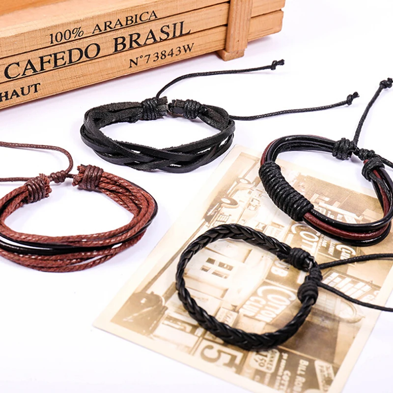 4Pcs/Set Multilevel Braided Wrap Bracelets For Man Fashion Casual Handmade Woven Male Wristbands Jewelry Gifts