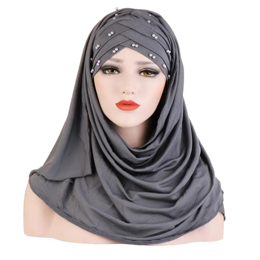 

2019 muslim cotton scarf plain hijabs with bead shawls and wraps femme musulman hijab ready to wear turban women head scarves