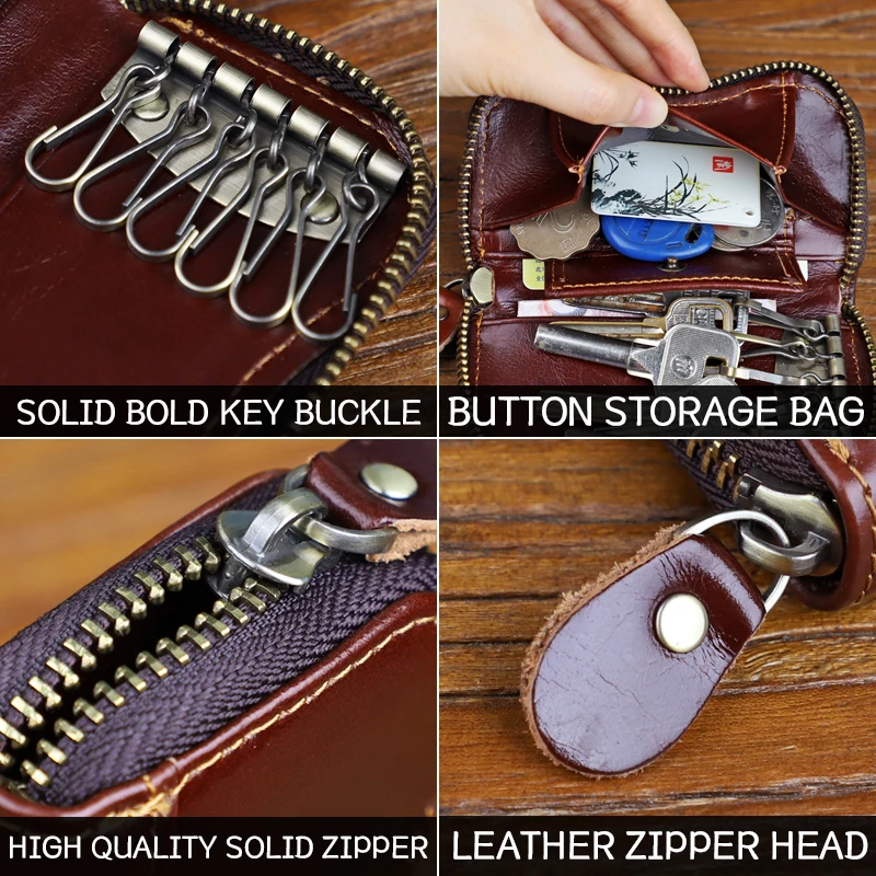 Cartera de piel auténtica Vintage para hombre, portatarjetas de crédito, monedero, bolsa de almacenamiento con cremallera