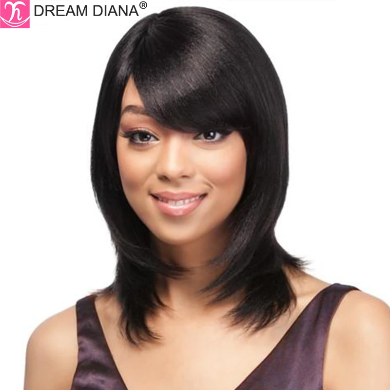 DreamDiana Peruvian Straight Wigs Remy Hair Brown Silky Layered Wigs 100% Human Hair Bob Wig 150 Density Full Machine Made Wig