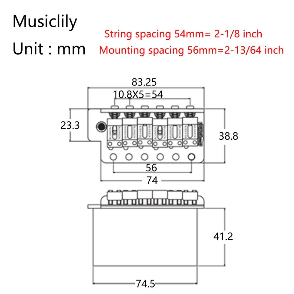 Wilkinson 54mm 6-Hole Vintage Steel Saddles with Full Steel Block Tremolo Bridge for USA Vintage Strat and Japan Strat, Chrome