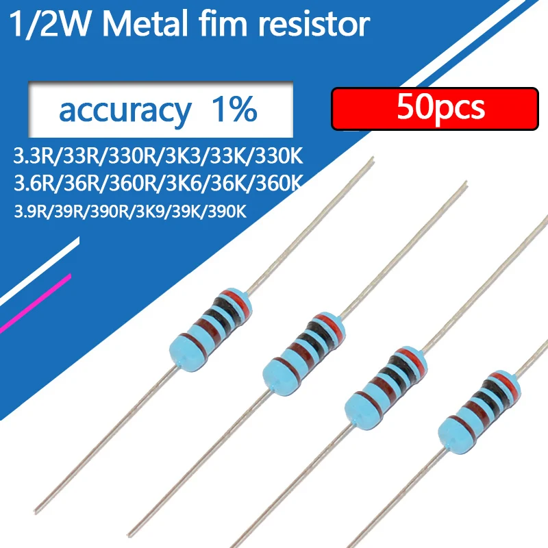 50pcs 1/2W Metal Film Resistor 3.3 3.6 3.9 33 36 39 330 360 390 R K Ohm 1% 0.5W Five-color Ring 3K3 3K6 3K9 Resistance 3R3 3R9