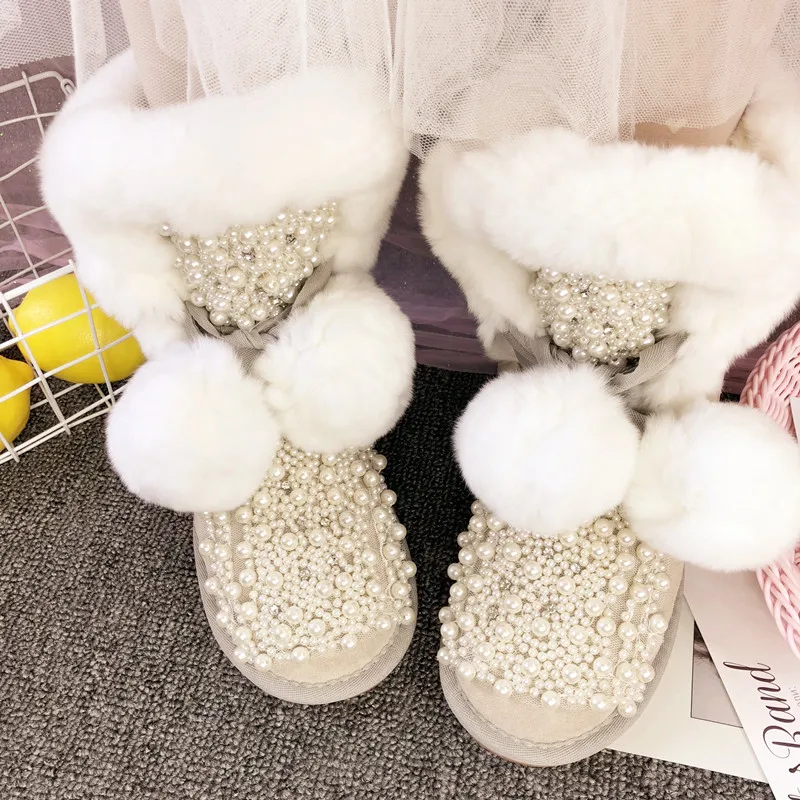 Luxury Pearl Beads Rabbit Fur Bobbles Snow Boots Suede Leather Plush Warm Winter Boots Soft Pompon Bandage Mid Boots