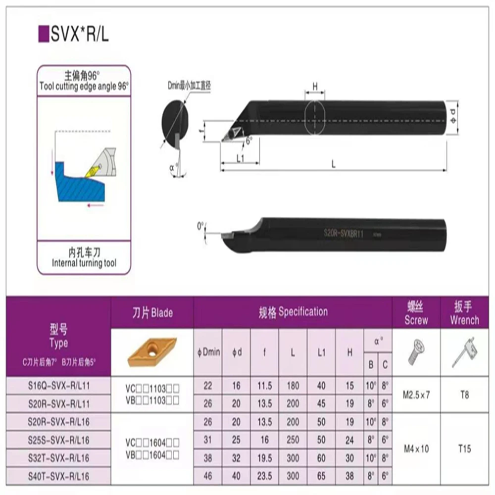 S12M-SVXCR11 S16Q-SVXCR11 S20R-SVXCR16 S25S-SVXCR16 CNC Indexable Tool Turning Bar Holder Use VCMT/VCGT11/16 CNC Carbide insert