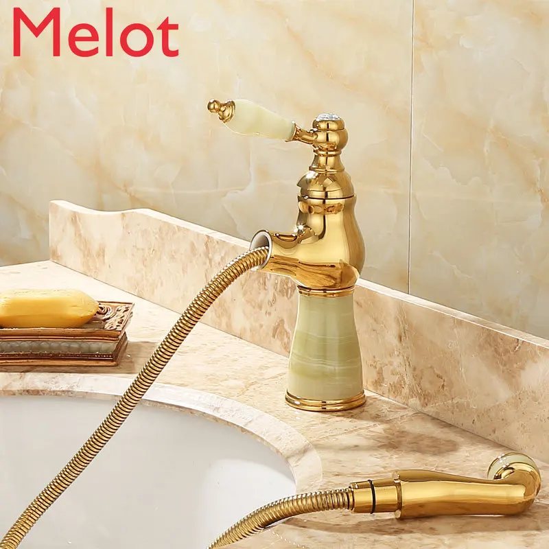 

European-Style Copper Natural Jade Basin Pull Hot and Cold Water Faucet under Counter Basin Golden Telescopic Faucet