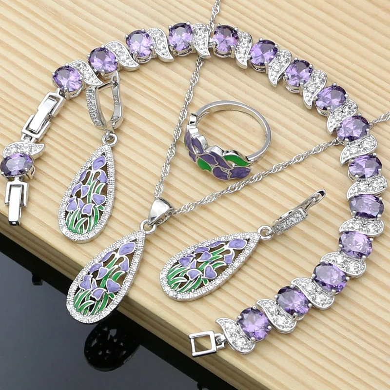 Country Style Purple Enamel Silver 925 Jewelry Sets for Women Wedding Fine Jewelry Handmade Exquisite Jewellry Dropshipping