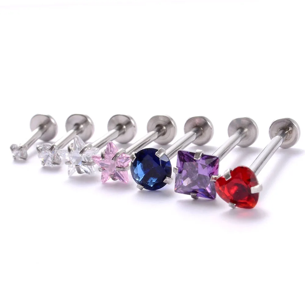 10PCS Surgical Steel Internally Threaded Lip Bar 16G Zircon Top Component For Labret Prong Zircon Ear Tragus Helix Ear Piercing