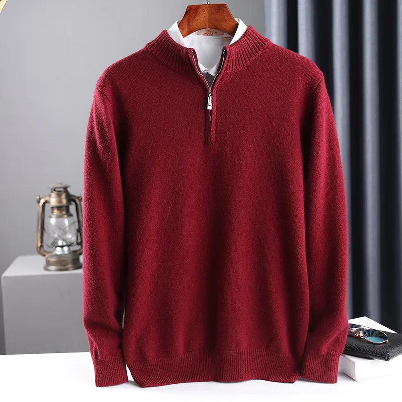 2025 New Pure Cashmere Sweater Men\'s Knit Large Size High-End Top 100%Wool Half High Neck Thick Pullover Winter Youth Wild Warm