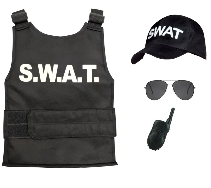 Kids Police Swat Bulletproof Vest & Swat Cap Hat Costume Fancy Dress Outfit 3-9years children policeman costume