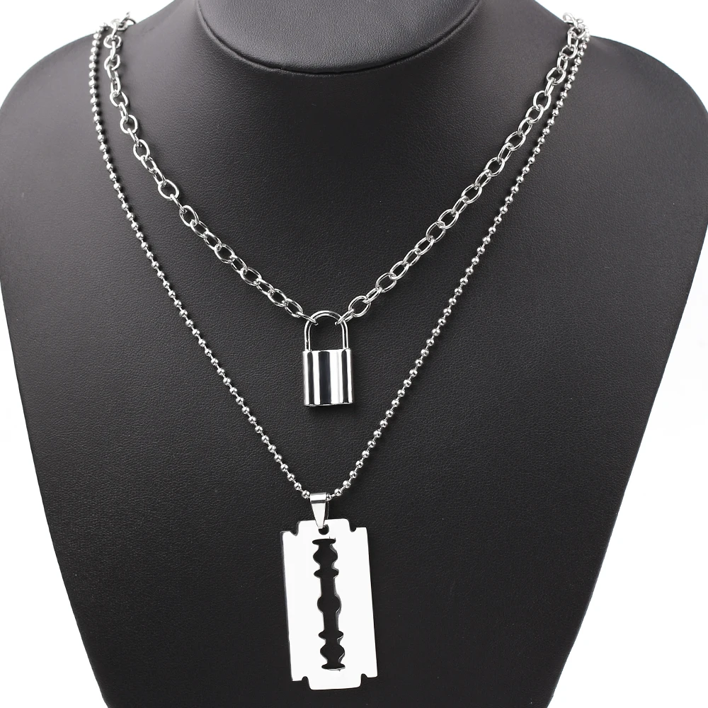 Double Layer Lock Pendant Necklace Hollow Out Large Razor Blade Necklaces Fashion Women Jewelry Accessories Gothic Gifts