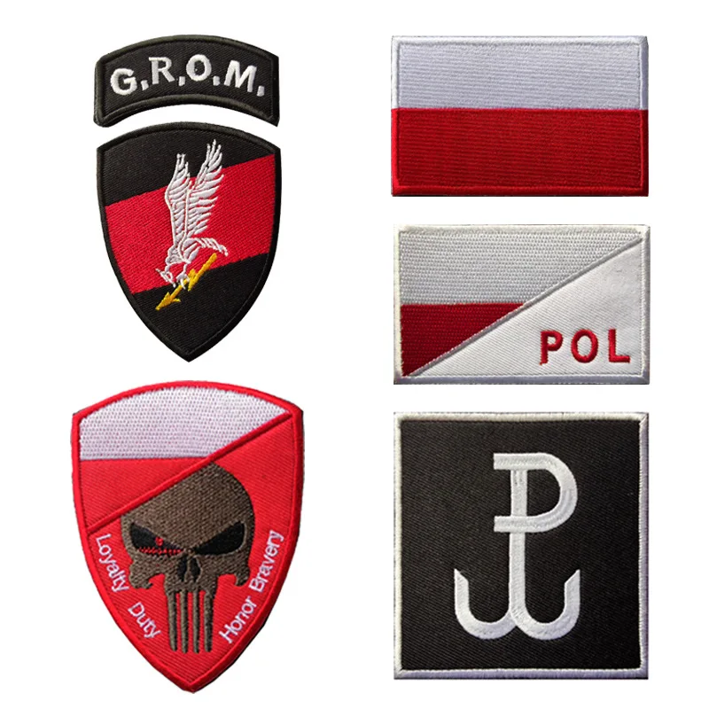 Polish Flag Embroidery Hook&Loop Patch Fan Tactical Skull Sticker Poland Outdoor Hat Clothing Backpack DIY Grom Military Badge