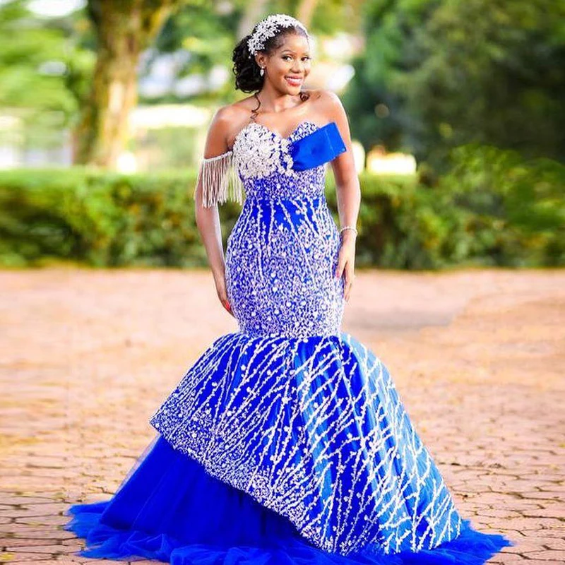 Vestido de baile azul real africano para mulheres, querida borlas, renda lantejoulas, apliques de renda, vestido de noite Aso Ebi