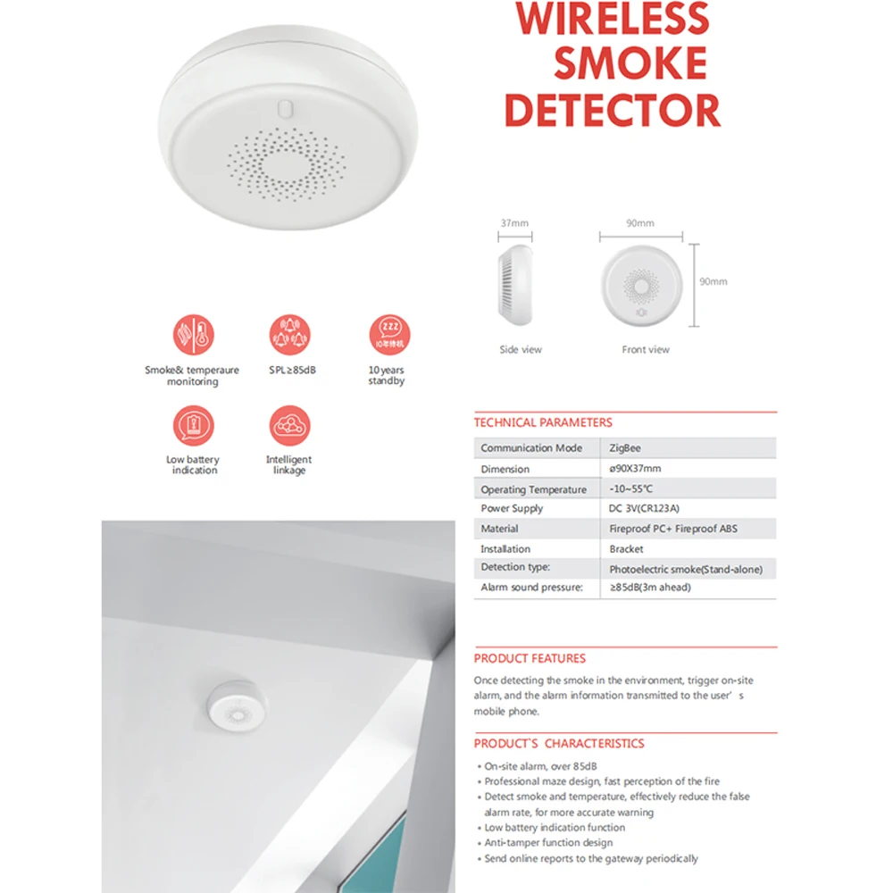 Tuya Smart Zigbee 3.0 Fire Alarm Smoke Detector Smart Home System 2.4GHz High Sensitivity Safety Prevention Smoke Sensor