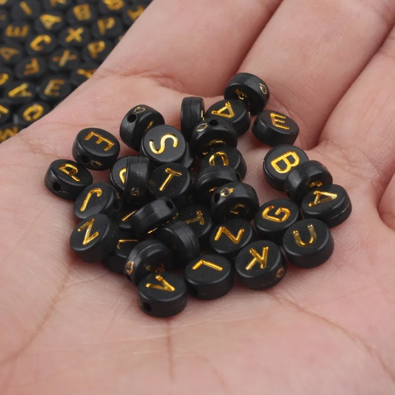 100/200/500pcs 4x7mm Mixed Black&Gold Color Letter Beads Coin Acrylic Beads for DIY Bracelet Jewellery Making 1.7mm Hole