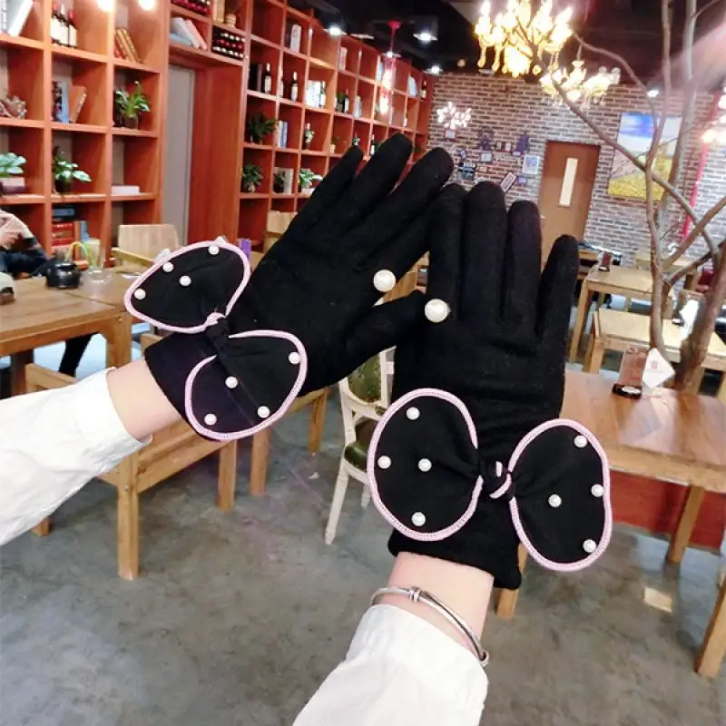 

Bowknot Pearl Cashmere Wool Gloves Korean Version of The New Fashion Five-Finger Thickened Warm Touch Screen Gloves for Women