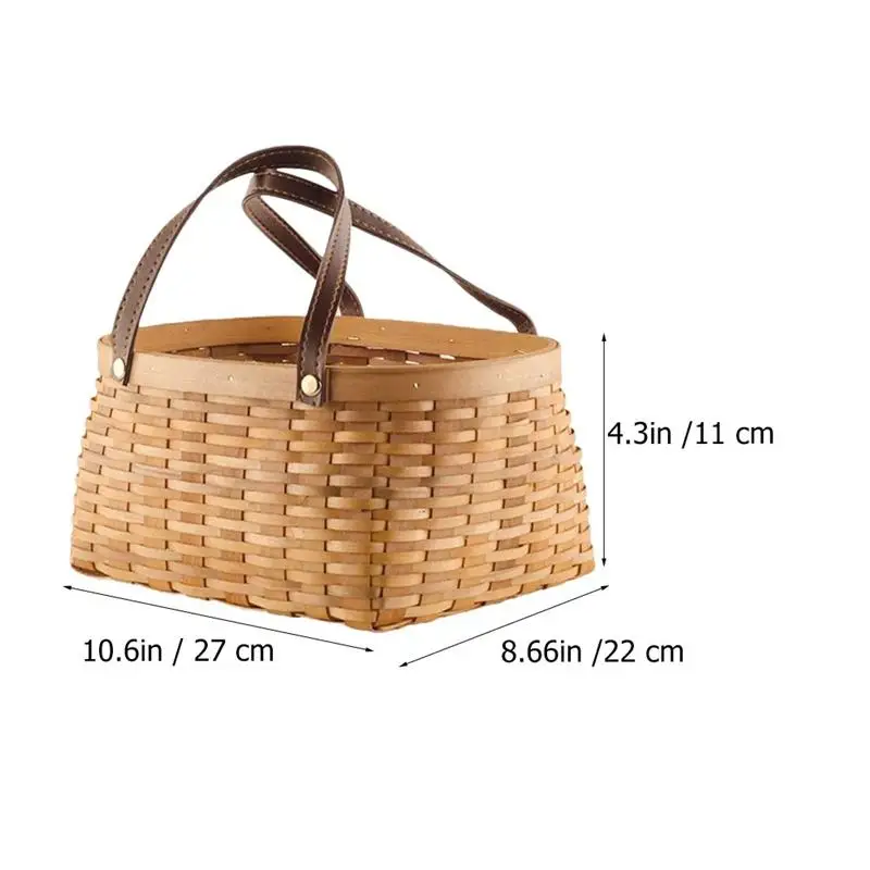 1pcs Brides Basket Wood Weaving Flower Hamper Portable Fruit Food Holder With Handle For Picnic Kitchen Storage