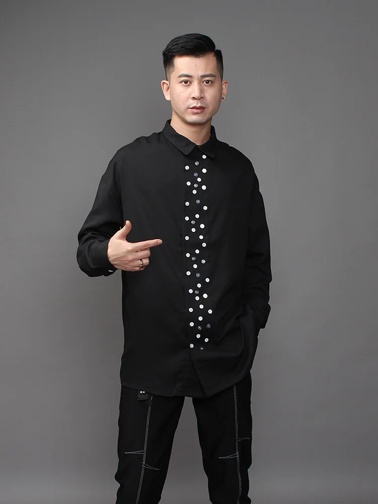 

Men's long-sleeve shirt Spring and autumn new solid color lapel multi-button design loose long-sleeve shirt trend