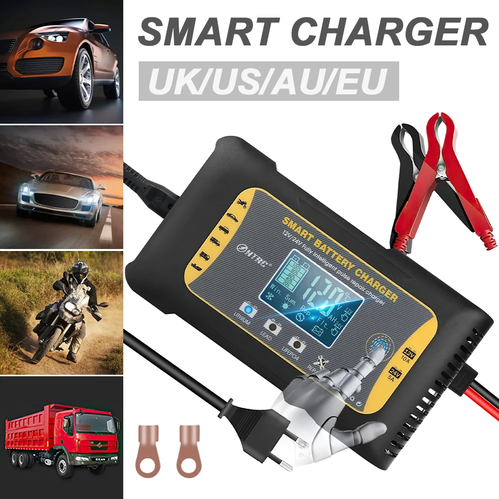 Car Battery Charger 12V/24V Automotive Smart Battery Charge with LCD Screen Maintainer/Pulse Repair Charger for Car, Motorcycle