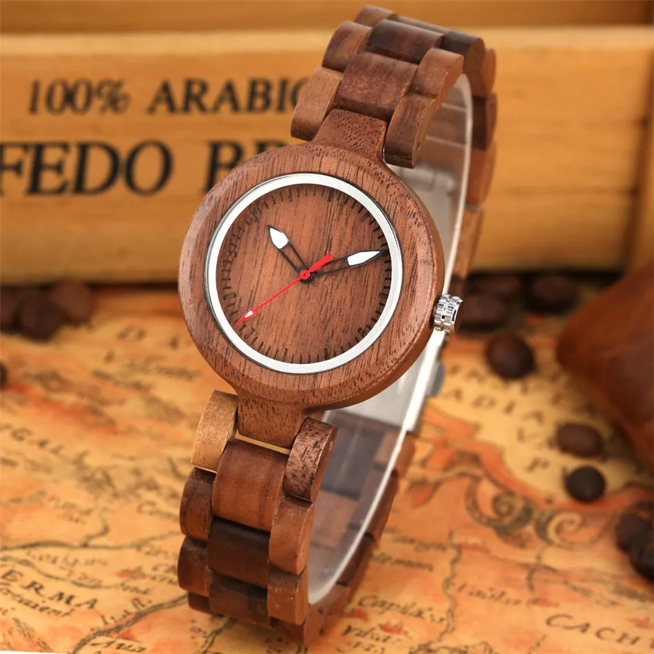 Montres à Quartz pour femmes, petit cadran en bois de bambou, montre-bracelet à fermoir pliant, pointeur lumineux