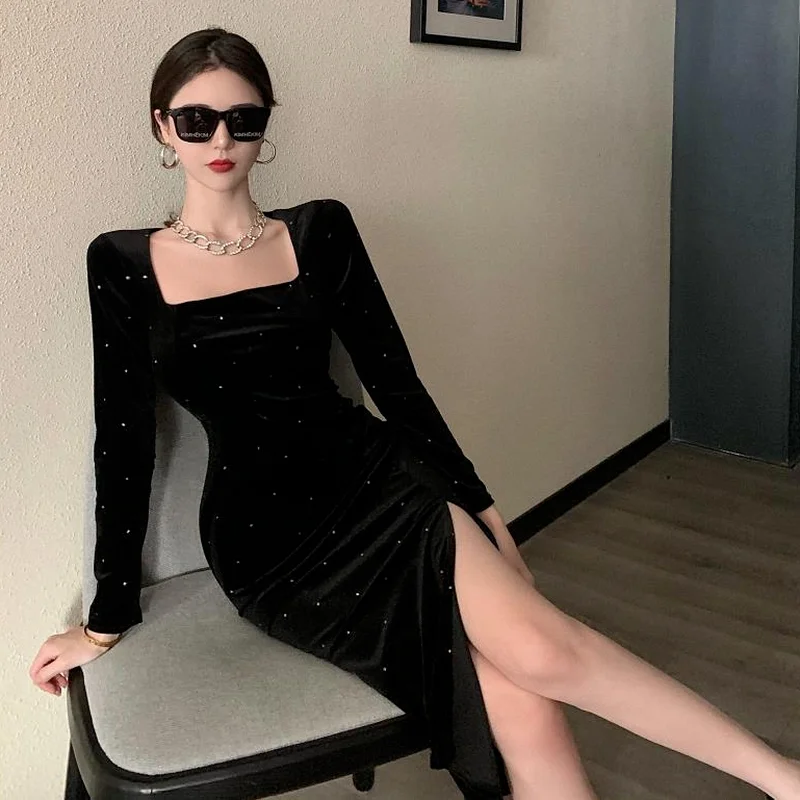 Black Velvet Long Dress Women Elegant Vintage Square Collar Long Sleeve Dress Korean Sexy Casual Evening Party Dress 2021 Autumn