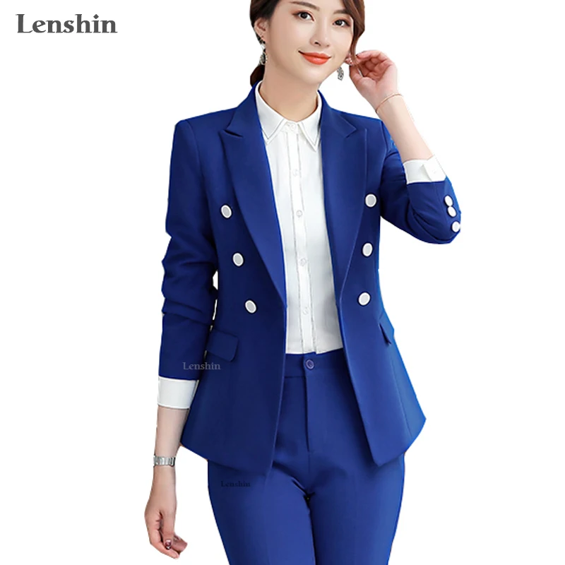 Lenshin Royal Blue Professional Business Jacket for Women Work Wear Office Lady Elegant Female Double Breasted Blazer Coat Top