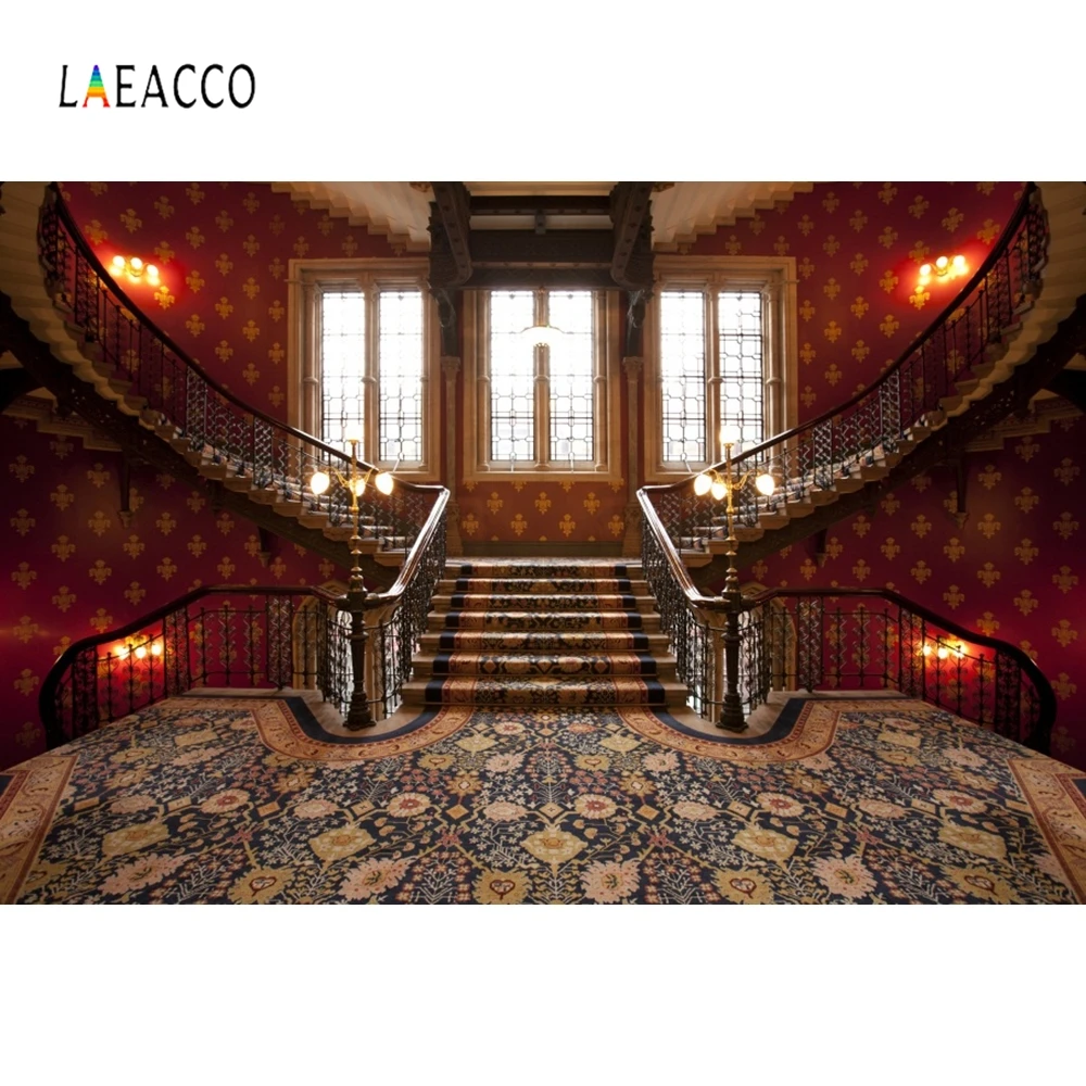 

Laeacco Retro Style Vintage Palace Spiral Staircase Window Lights Carpet Photography Backdrops Photo Backgrounds Photo Studio