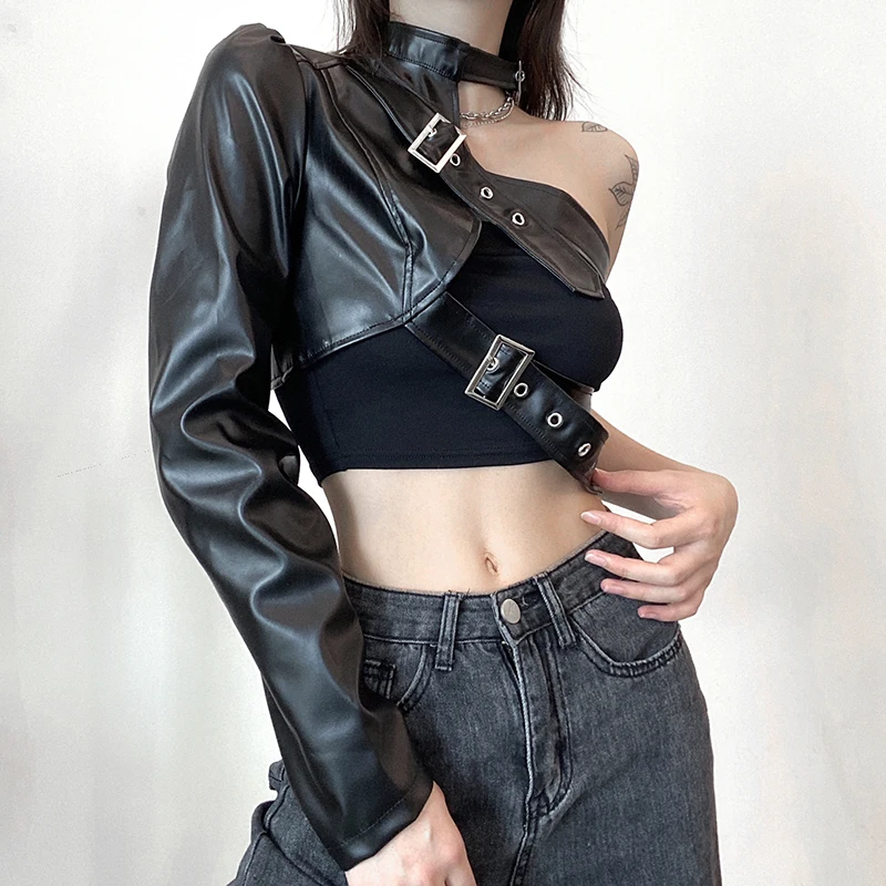 SUCHCUTE-PU Couro Halter Crop Top para Mulheres, Um Ombro Jaqueta, Sexy Punk Streetwear, Goth Techwear, Moda Hip Hop, Botões De Metal