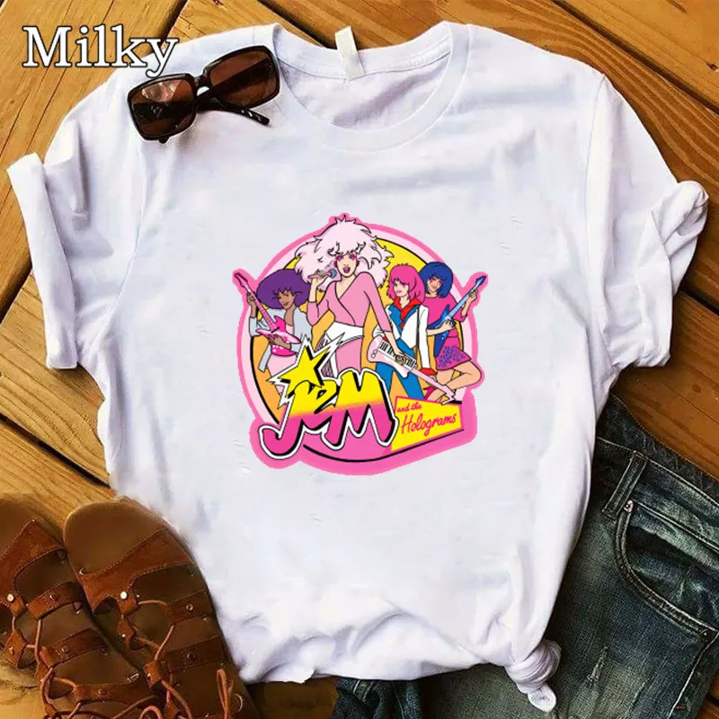 Cool Tops Jem And The Holograms T Shirt Women 90s Girls Shirt Fans Clothes White Hip Hop Rock Tshirt Graphic Tee