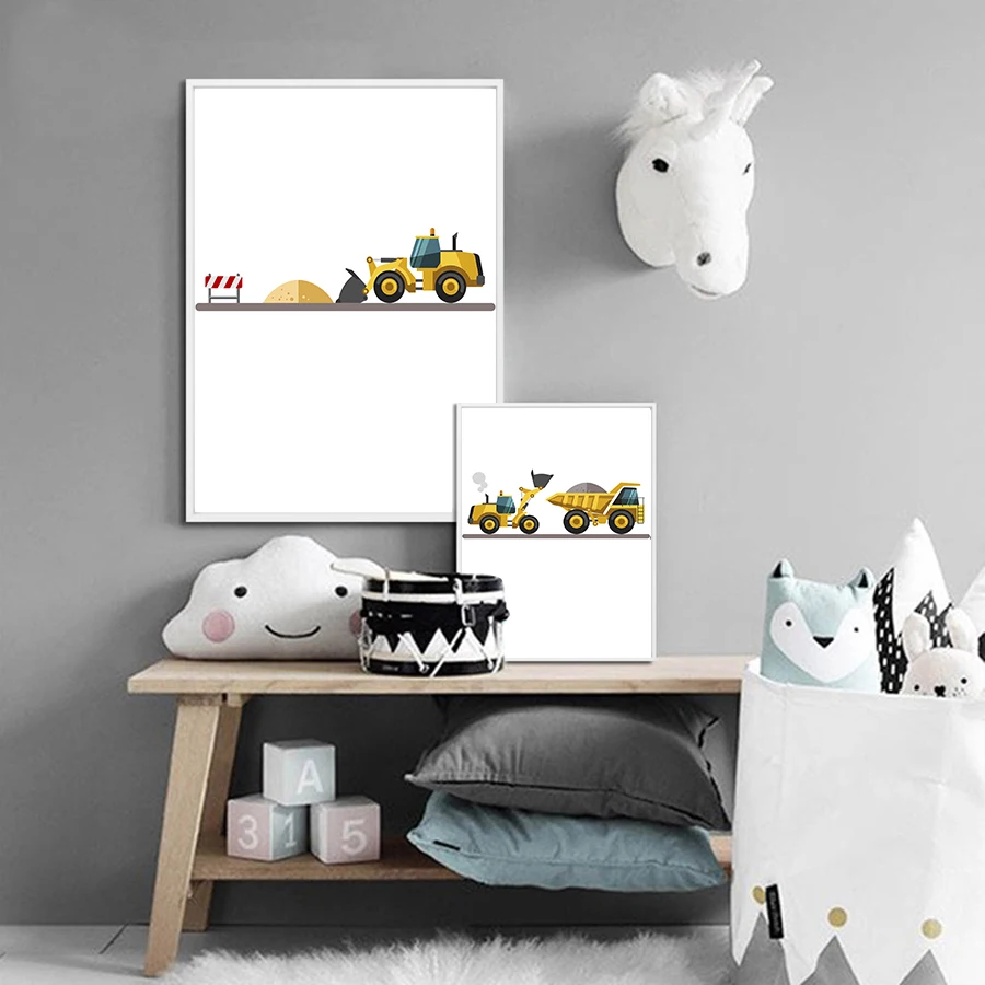 Kids Wall Pictures Print Canvas Art Painting Construction Vehicle Posters Baby Nursery Boys Bedroom Wall Art Printed Mural Decor