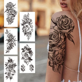 Black 3D Rose Temporary Tattoo For Women Girls Adult Peony Dahlia Flower Tattoos Sticker Black Flora Glory Geometric Arm Tatoos