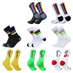 Nuevos Calcetines de Ciclismo para hombres y mujeres campeón rayas coloridas deportes transpirables Calcetines de compresión para bicicleta Calcetines Ciclismo